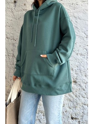 Kanguru Cepli Oversize Petrol Yeşili Sweatshirt