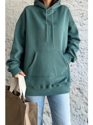 Kanguru Cepli Oversize Petrol Yeşili Sweatshirt