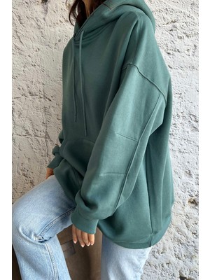 Kanguru Cepli Oversize Petrol Yeşili Sweatshirt