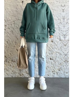 Kanguru Cepli Oversize Petrol Yeşili Sweatshirt