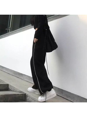 Touz Moda Harajuku Zip Detail Black Tracksuit Oversize Eşofman Altı