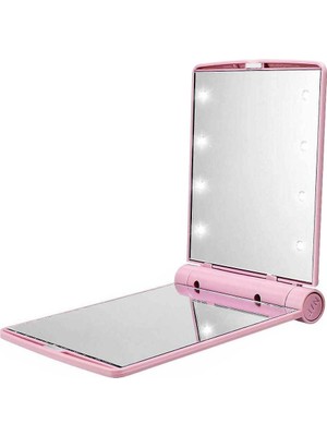 Monozone Make Up - Makyaj Aynası - Cep Çanta Aynası - Katlanır - Mini - Işıklı - 8 LED Pilli - 23A 12V Pil Dahildir - Pembe