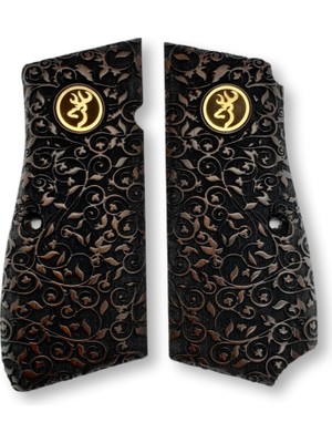 Zib Grips  Kabzası - Zig 14, Browning Hp, High Power 14, Dik Kasa, Browning Halkalı (Halka Için Kesim Yaptırmak Için Mesaj Atın), Halkasız ile Uyumlu - Koyu Kahverengi Renk - Metal Logolu