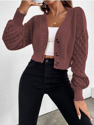 V Yaka Örgü Desenli Triko Crop Tarçın Hırka