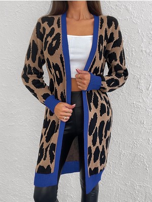 Leopar Desenli Şerit Detaylı Uzun Siyah Kahve Saks Renkli Hırka