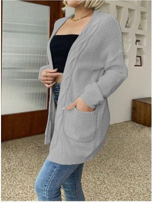 Örgü Şeritli Rahat Kalıp Esnek Cepli Kadın Gri Triko Hırka