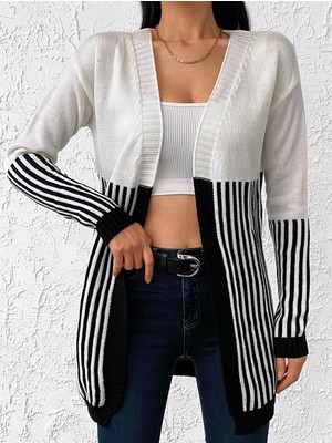 Dik Çizgili Önü Açık Düz Örgü Rahat Kalıp Esnek Dokulu Beyaz Hırka