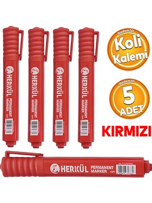 Herkül Kalıcı Koli Kalemi Kırmızı Kalem Metal Plastik Cam Çuval Folyo Karton Suya Dayanıklı 5 Adet