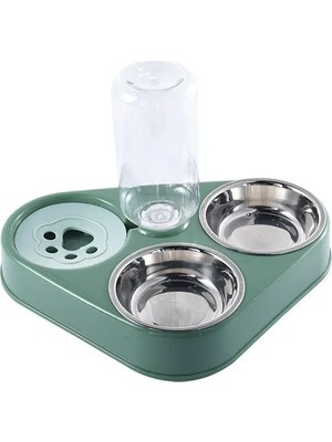 Monozone Kedi Köpek Mama Su Kabı 3in1 Paslanmaz Çelik Mama Kabı Tas Suluk (Yeşil)
