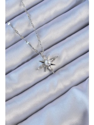 Clariss 316L Çelik Zincir Gümüş Renk Baget Taşlı Inci Detay Kutup Yıldızı Kolye