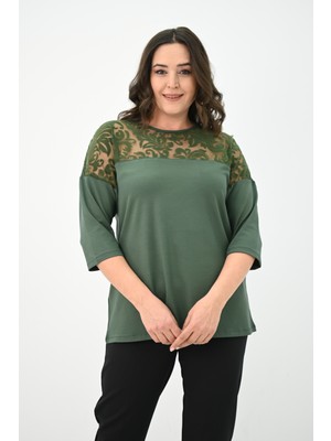 Koza Butik Kadın Büyük Beden Kadife Tül Detaylı Bluz 1856-2