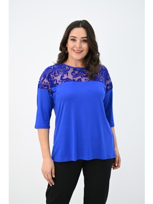 Koza Butik Kadın Büyük Beden Kadife Tül Detaylı Bluz 1856-2
