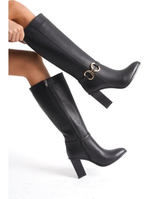 Mubiano Collection Mubiano Hakiki Deri Collection Kadın Fermuarlı Toka Detaylı Topuklu Çizme Siyah - MCALM2261 - S