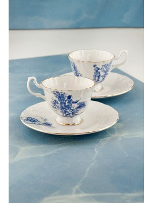 Bursa Porselen Dekor Altın Yaldızlı Ingiliz Desen Bone 2 Kişilik Kahve Fincan Takımı-Mavi