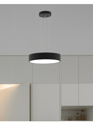 Hegza Lighting Drum 40cm (Siyah Kasa, Doğal Beyaz) Ledli Modern Sarkıt LED Avize