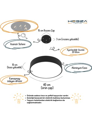 Hegza Lighting Drum 40cm (Siyah Kasa, Doğal Beyaz) Ledli Modern Sarkıt LED Avize