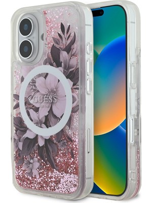 Guess Apple iPhone 16 Plus Kılıf Guess Orjinal Lisanslı Magsafe Şarj Özellikli Sıvılı Simli Çiçek Desenli Pembe
