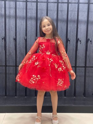Esmaca Moda Kız Çocuk Elbise Kırmızı Uzun Tül Kol Model