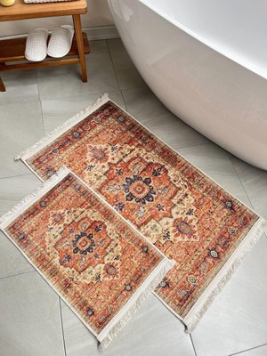 Bluenity Ethnic Dijital/şönil Kaydırmaz 2'li Banyo Paspas Seti 60 x 100+40 x 60  cm  - Çok Renkli