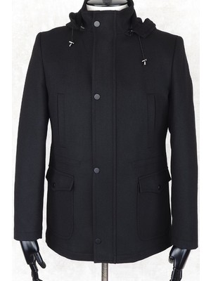 Jancarlucci  Erkek Dizüstü Slimfit Çıkarılabilir  Kapüşonlu Torba Cep Fermuarlı Astarlı  Kaşe Kaban