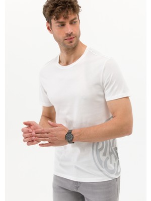 Pierre Cardin Erkek Ekru Slim Fit Baskılı Bisiklet Yaka Tişört 50264193-VR019