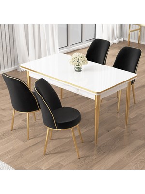 Canisa Rewa Serisi 70 x 110 Sabit Beyaz Gold Detay Masa Takımı ve 4 Sandalye