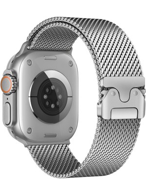 AktarMobile Apple Watch Ultra / Ultra 2 49 mm Uyumlu Hasır Çelik Örgü Kordon Premium Çelik Kayış Kilitli Toka