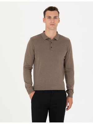 Pierre Cardin Erkek Vizon Melanj Slim Fit Polo Yaka Basic Triko Kazak 50276154-VR174