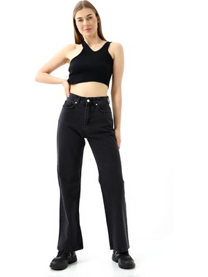 Kagawa Taşlı Yüksek Bel Straight Fit Pantolon