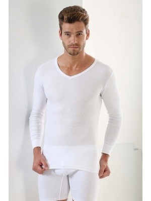 Beyaz Erkek Badi Uzun Kollu Tişört Fanila V Yaka Basic %100 Pamuk Ribana