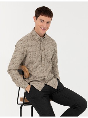 Pierre Cardin Erkek Bej Slim Fit Uzun Kollu Gömlek 50259533-VR011