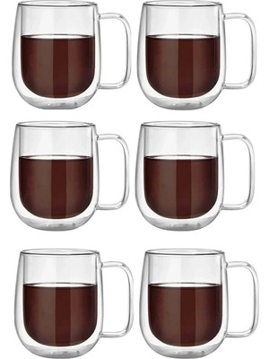 Berdina Home 6lı Çift Cidarlı Kupa Bardak 350 Ml Ofis Ev Espresso Kahve Çay Fincanı Borosilikat Kulplu Bardak