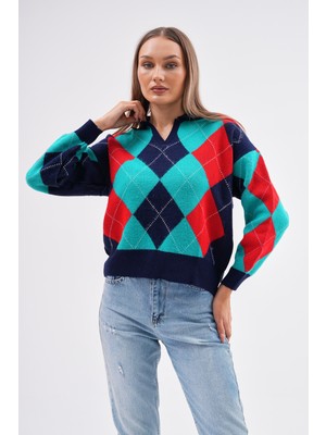 Butik Serdivan Kadın Baklava Desenli Yakalı Triko Kazak Yeni Sezon Trend