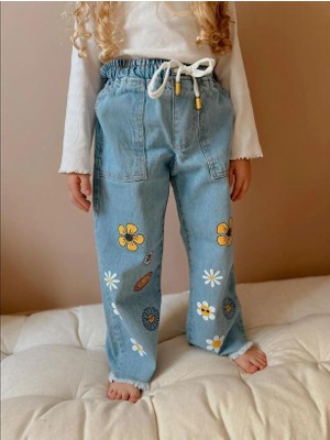 Kız Çocuk Papatya Basklı Mavi Jeans Pantolon