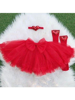 Kız Çocuk Kırmızı Tütü Etek Çorap ve Bandana Seti