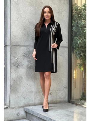 Trend Kadın Özel Tasarım Taşlı Şerit Detaylı Şık Elbise