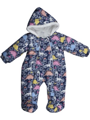 Dinozor Desen Patikli Fermuarlı Içi Kürklü Kapüşonlu Kışlık Erkek Kız Bebek Astronot Tulum Kozmonot
