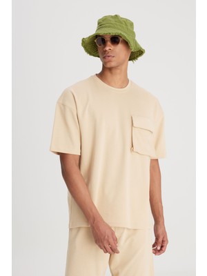 Loose Fit Rahat Kesim Bisiklet Yaka Bej Tişört