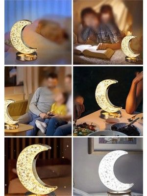 Dekoratif Ay Işığı Hilal Masa Lambası Crystal Moon USB Şarjlı 3 Modlu Ambiyans LED Gece Lambası