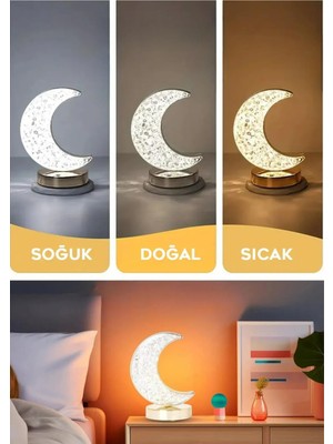 Dekoratif Ay Işığı Hilal Masa Lambası Crystal Moon USB Şarjlı 3 Modlu Ambiyans LED Gece Lambası