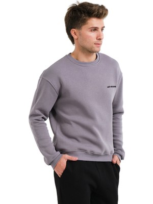 Justever Bisiklet Yaka Nakışlı Şardonlu Içi Polarlı Gri Erkek Sweatshirt - Volar