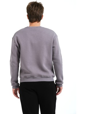 Justever Bisiklet Yaka Nakışlı Şardonlu Içi Polarlı Gri Erkek Sweatshirt - Volar