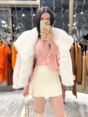 Heyra Şal Yaka Kürk  Kısa Kaban-Beyaz