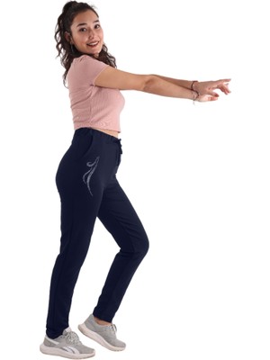 Asn Concept Lacivrert Renk Pamuklu Kumaş Taş Baskılı Kadın Eşofman Altı (Büyük Beden Seçeneğiyle)