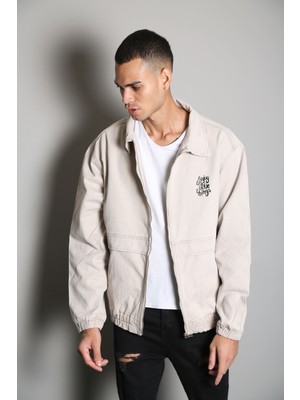 Little Cup Jeans Co Oversize Bej Erkek Bomber Kot Ceket Fermuarlı Dokuma Malzeme ile Günlük Kullanım İçin