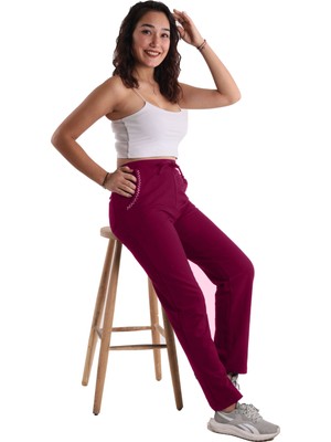 Asn Concept Mürdüm Renk Pamuklu Kumaş Taş Baskılı Kadın Eşofman Altı (Büyük Beden Seçeneğiyle)