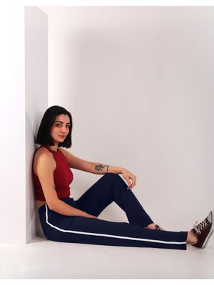 Asn Concept Lacivert Renk Pamuklu Kumaş Biyeli Kadın Eşofman Altı (Büyük Beden Seçeneğiyle)