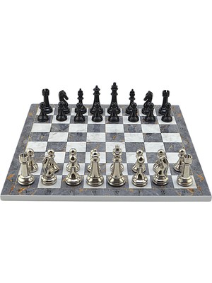 Gifthome Premium Black Metal Klasik Satranç Takımı ve Gri Mermer Desenli Mdf Satranç Tahtası (37X37 Cm.)