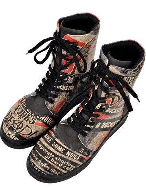 Kadın Vegan Deri Siyah Uzun Bot - British Punk Tasarım