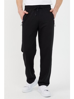 Siyah Erkek Fermuar Cep Nakış Detaylı Düz Paça Rahat Kesim Eşofman Altı